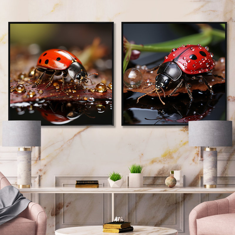 Lively Ladybug Reflections - Insects & Bugs Square Collage Set Of 2, Black Floater Framed, 16" H x 33" W