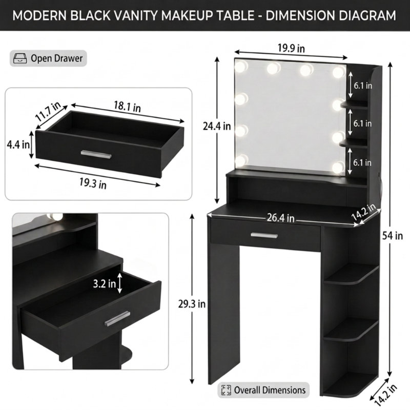 Coiffeuse de 67 cm avec miroir DEL, tiroir et 6 tablettes de rangement