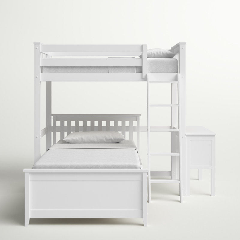 Lit superposé en L en bois massif avec bureau intégré par Max & Lily, Jumeaux sur complet, Blanc