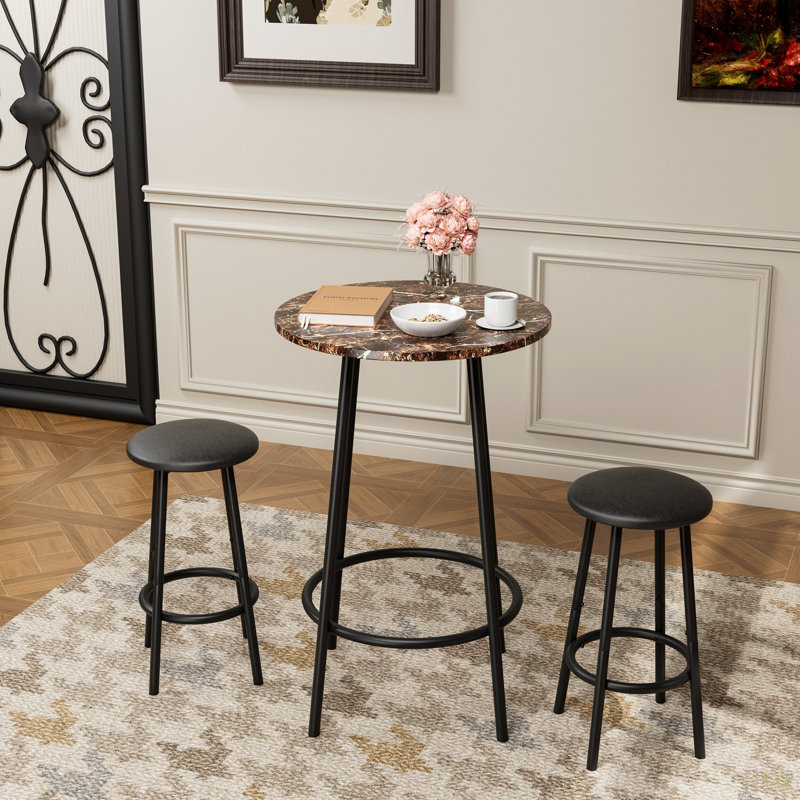 3-Piece Bar Table Set With 2 Bar Stools – Modern Pub Table, Black, Black