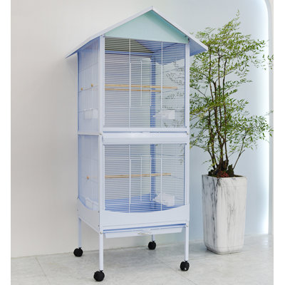 Cage à perroquet moderne en métal bleu clair à double couche avec plateau coulissant