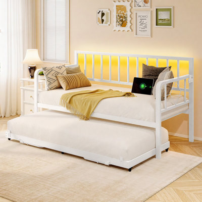 Metal Daybed with Trundle, LED Lights