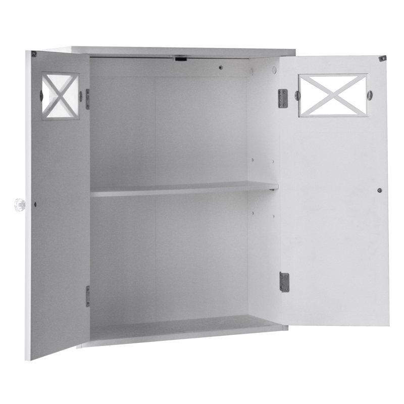 Woodley Removable Two-Door Wall Storage Cabinet with Cross-Molded Glass Panels and Adjustable Shelf, White