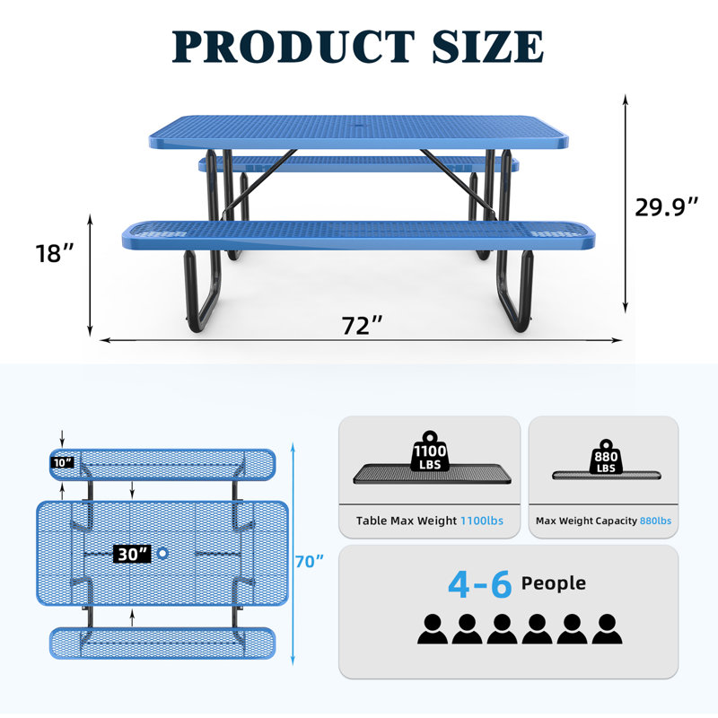 Expanded metal rectangular picnic table, Bleu