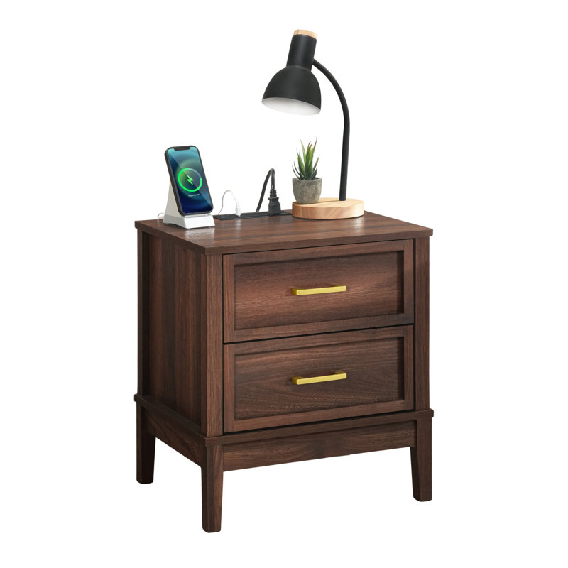 Walter 2 Drawer Nightstand with Charging Station, Bedside Table with Storage Drawers, Night Stand for Bedroom, End Table or Side Table for Living Room, 15.5" D x 18.7" W x 21.7" H, Walnut
