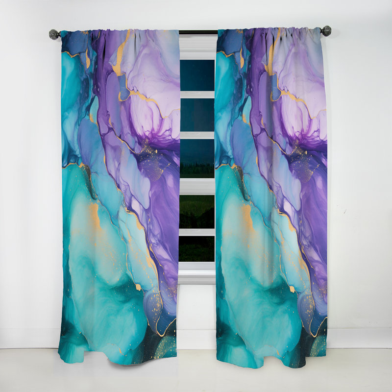 Turquoise And Purple Liquid Art III - Fractals Blackout Abstract Curtain - 1 Panel, 52" W x 95" L