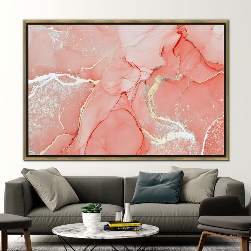 Affiche de luxe sur toile corail et marbre doré, H 22 po x l 30 po, Cadre flottant doré