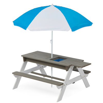 Outdoor ' Picnic Table With Foldable Umbrella - 31 Convertible Sand And Water Table, Gray, Natural Wood Together Wooden Adjustable & Compounded
