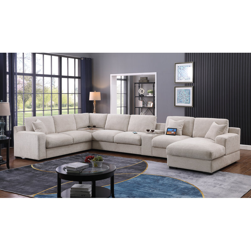 Devendra Upholstered U-Shaped Sectional Right Hand Facing, Beige Chenille