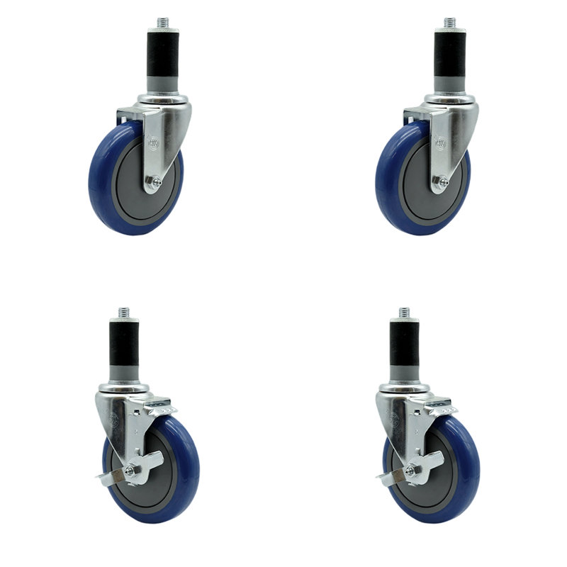 5 Inch Polyurethane Swivel 1-1/2 Inch Expanding Stem Caster Set 2 Brake SCC, Bleu