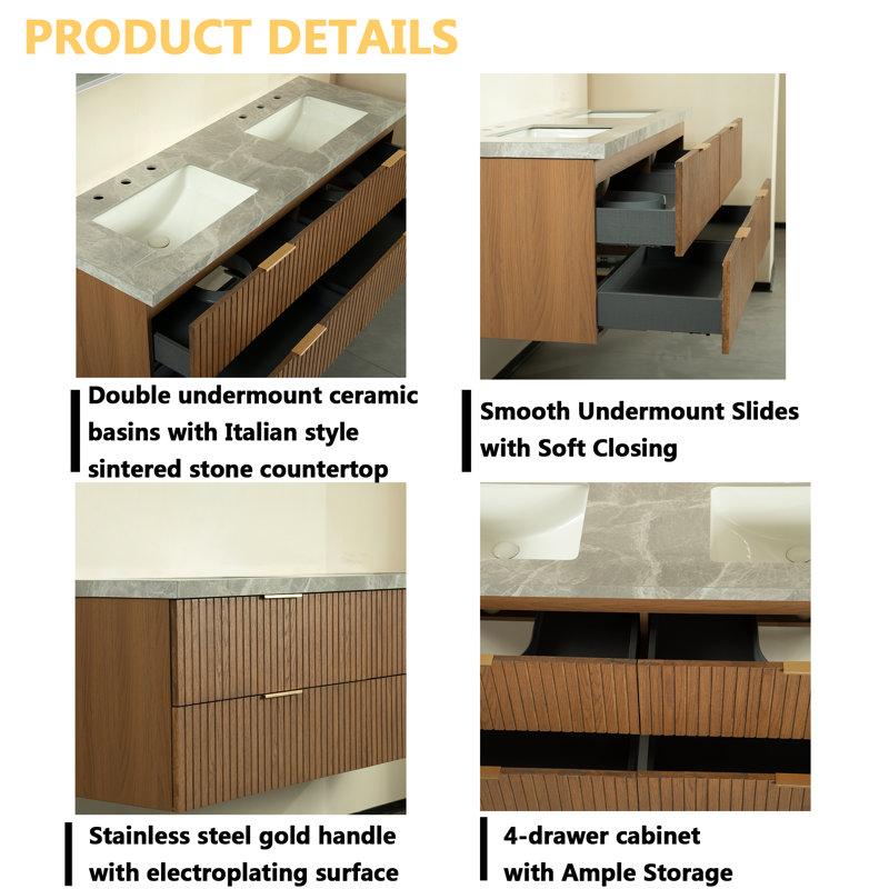 60" Wall-Mounted Double Sink Bathroom Vanity, Sintered Stone Countertop, 4 Soft-Close Drawers, Brown Oak Woodgrain Finish, Pre-Assembled