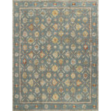 Palmettes Oriental Area Rug in Light Teal/Yellow/Khaki/Coral
