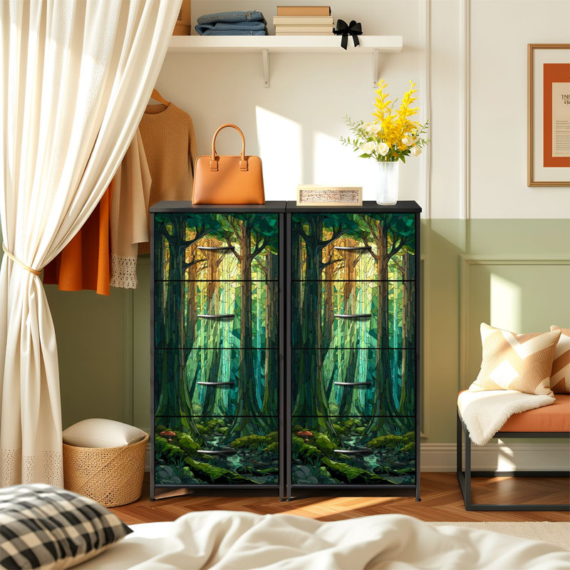 Commode de style vitrail pour la chambre à coucher avec 4 tiroirs de rangement Commode de style forêt ambrée verte Commode en tissu avec cadre en acier