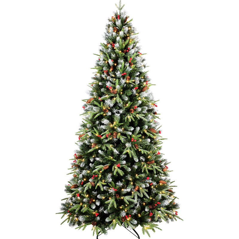 Arbre de Noël de 7 pi avec 450 lumières à DEL blanc chaud, branches en PE + à branches enneigées 2178, baies rouges et pin, base stable pour des lumières d'aspect réaliste avec un assemblage articulé simple