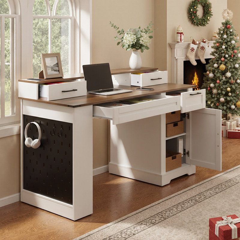 Bureau d'ordinateur 55 po blanc avec station de charge, plateau à clavier et armoire de porte de grange 55 po, Blanc