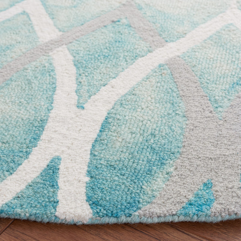Tapis vert / ivoire touffeté à la main à motif géométrique Amekia, Rond 7 pi