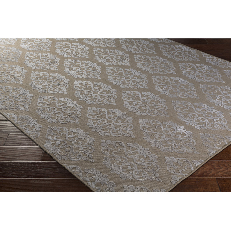 Jamesthomas Damask Hand-Knotted Brown/Light Gray Area Rug, Rectangle 6' x 9'