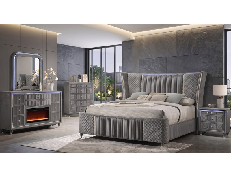 Ensemble de chambre à coucher grand lit 4 pièces Ottilie Grey