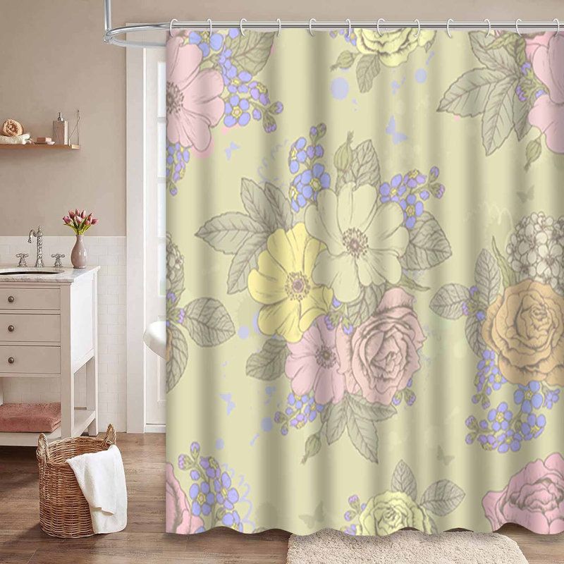 Rideau de douche imperméable à motif floral rétro avec 12 crochets, L 72 po x l 84 po
