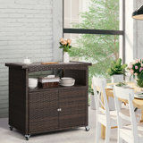 Armoire de rangement d'extérieur, armoire d'extérieur pour chariot de bar avec roulettes Table de bar d'extérieur avec rangement Buffet en osier, table de préparation, chariot de service avec porte, tablettes, poignée brun