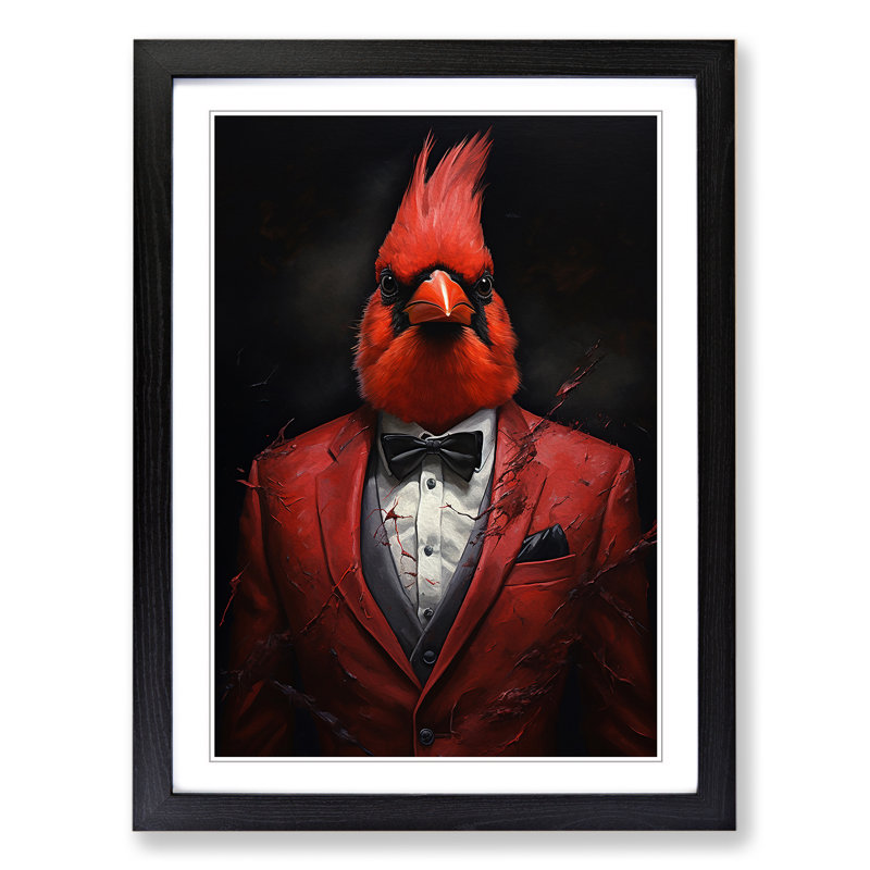 Cardinal Bird in a Suit Painting 1 Piece Single Picture Frame Wall Art, 46cm H x 34cm W x 2cm D, Black Framed