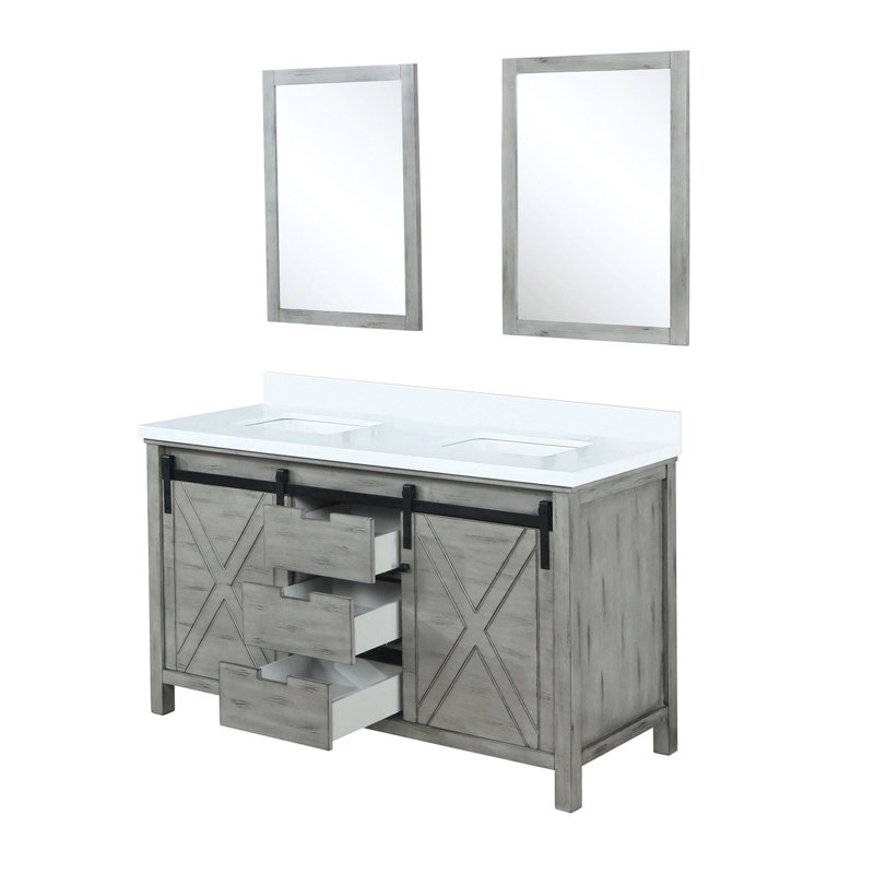 Meuble-lavabo double l 60 po x P 22 po avec comptoir et miroirs en marbre de culture gris Meuble-lavabo, portes de comptoir à fermeture en douceur