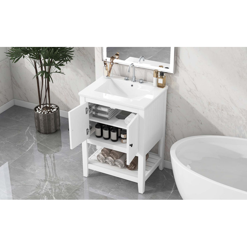 Lavabo de salle de bain moderne élégant en céramique 24 po avec tablette ouverte en bois massif