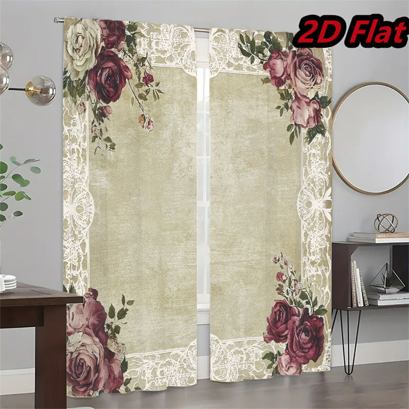 2Pcs Vintage Rose Floral Window Curtains Elegant Victorian Style Panels With Lace Border Home Decor Drapes For Bedroom Living Room Kitchen Dining Rod Pocket Design Burgundy Flower Pattern Office Partition