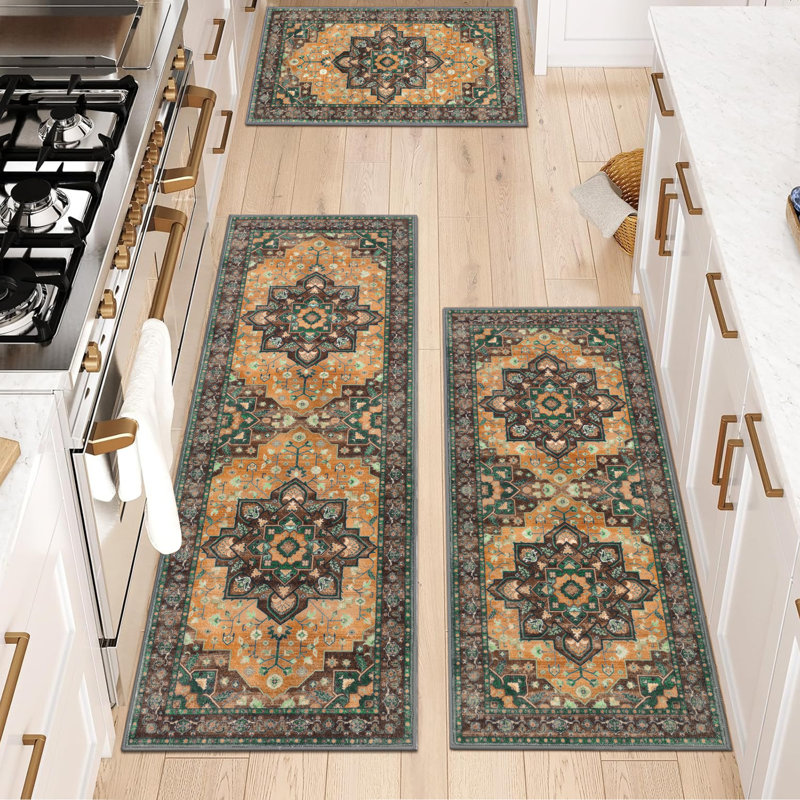 Machine Washable Non-Slip Kitchen Mat (Set of 3), Yellow/Green
