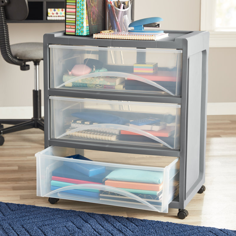 Gray 3-Drawer Wide Plastic Storage Cart with Clear Fronts