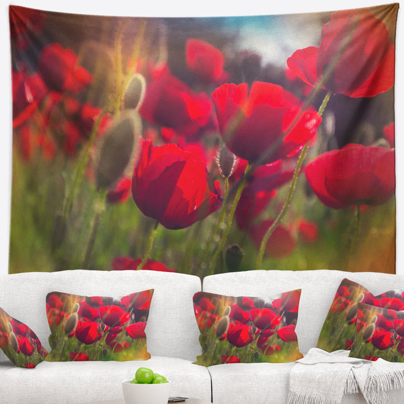 Tapisserie florale à motif de coquelicots rouges épais, H 50 po x l 60 po