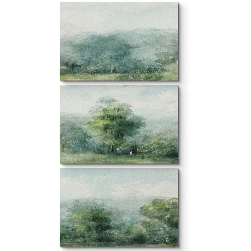 Paysage rustique vert verdoyant, campagne, paysage, illustrations 3 - pièces, Toile tendue, H 16 po x l 24 po