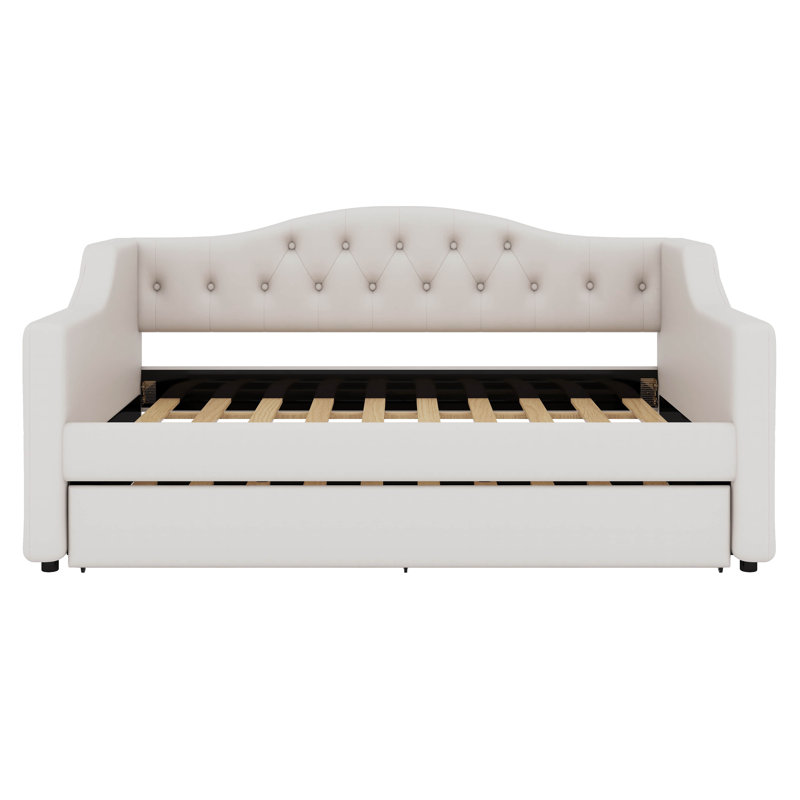 Daybed With Trundle And LED, Upholstered Linen Day Bed Frame With Tufted Button Backrest, Beige, Full XL