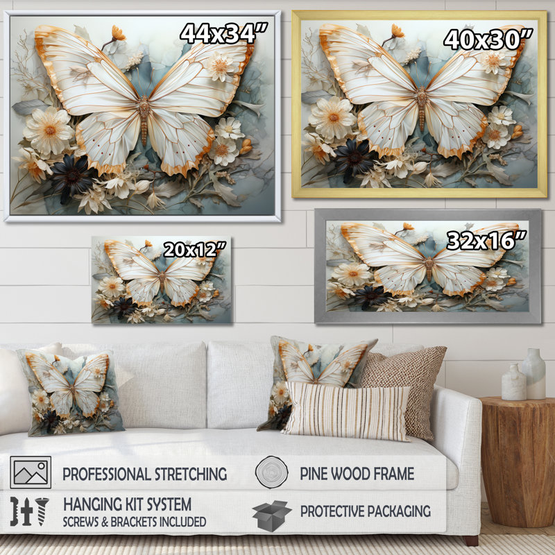 «Bisson White Gray Butterfly», reproduction sur toile encadrée, Reproduction avec cadre flottant, H 12 po x l 20 po, Doré