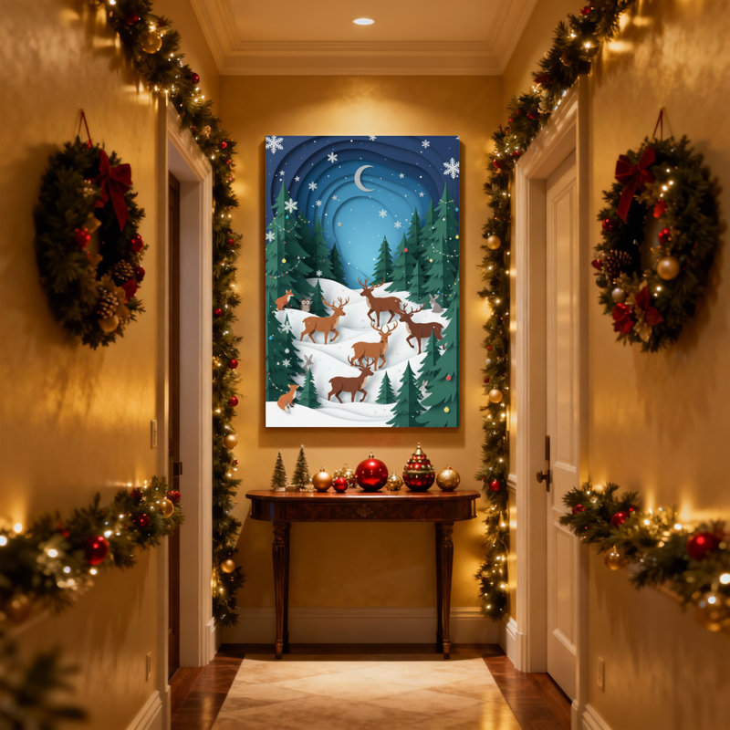 Ensemble de 3 impressions sur toile de Noël flocons de neige, forêt et cerfs au clair de lune, H 36 po x l 24 po
