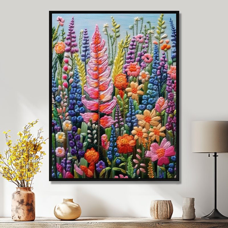 Vibrant Blooming Spring Flower Meadow - Wildflowers Wall Art Decor, 20" H x 12" W x 1" D, Black Floater Framed Canvas