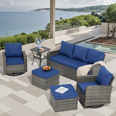 6 Pieces Wicker Patio Furniture Sets, Outdoor Conversation Set PE Rattan Sectional Sofa Couch With Swivel Chairs Ideal For Indoor Porch Deck Bistro La