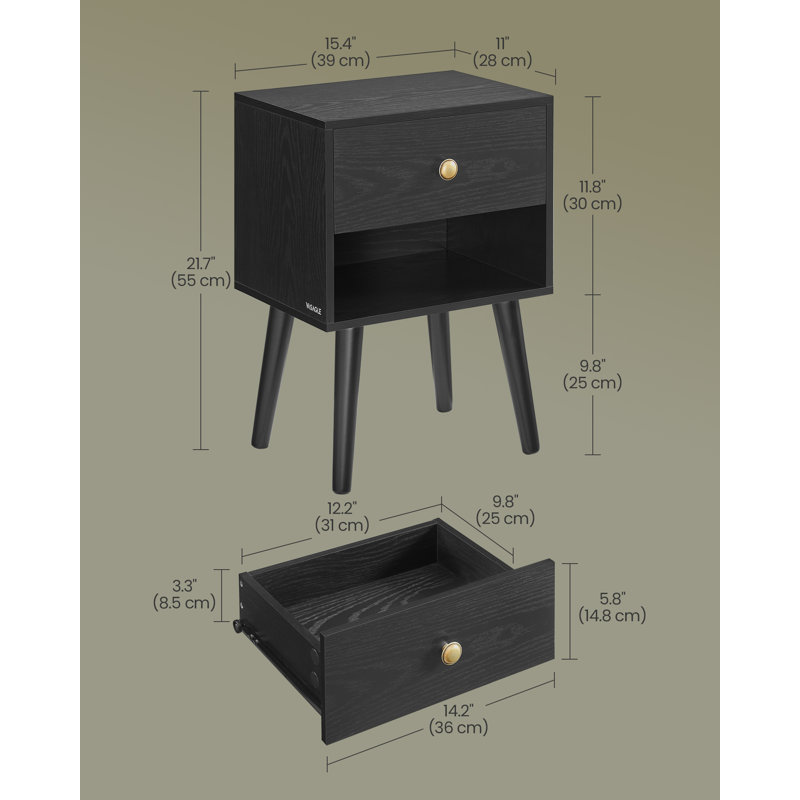Phoenixville 39cm W Manufactured Wood Bedside Table, Black