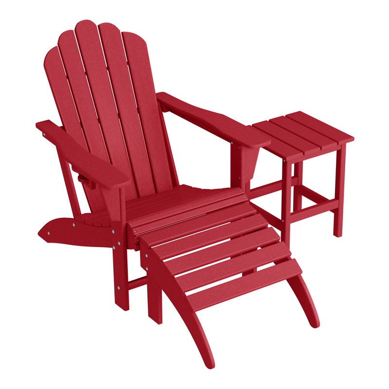 Outdoor Poly Adirondack Chair With Side Table And Ottoman, Red
