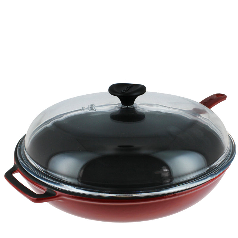Red Enameled Cast Iron Frying Pan with Glass Lid