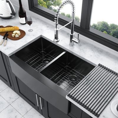 Évier de cuisine noir en acier inoxydable 33 po x 21 po x 10 po à double cuve 50/50 16G pour une utilisation pratique et une grande fiabilité