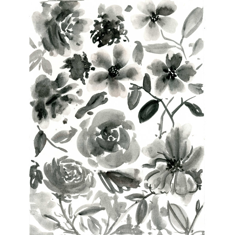 «Black and White Floral 2», peinture sur toile tendue, H 16 po x l 12 po