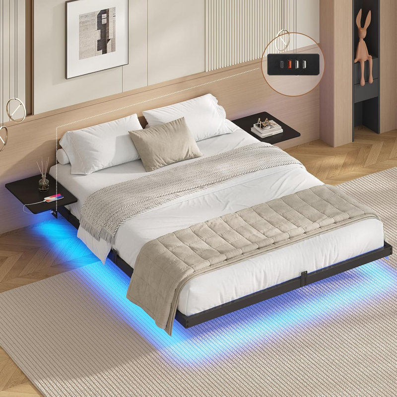 Floating Bed Frame with LED Lights and Charging Station Bed Frame with Storage Shelves Metal Platform Bed Frame,Under-bed Storage/Noise Free
