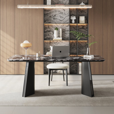 Modern 63" Retangular Wrining Desk, Faux Marble Table Top Desk With Double Legs