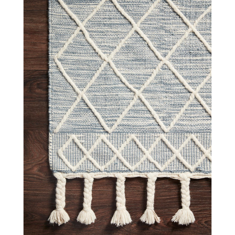 Tapis bleu / gris / beige en laine noué à la main Isidore, Rectangle 2 pi 3 po x 3 pi 9 po