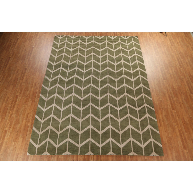 Tapis vert en laine noué à la main de conception unique 9 pi 11 po x 13 pi 6 po New Age