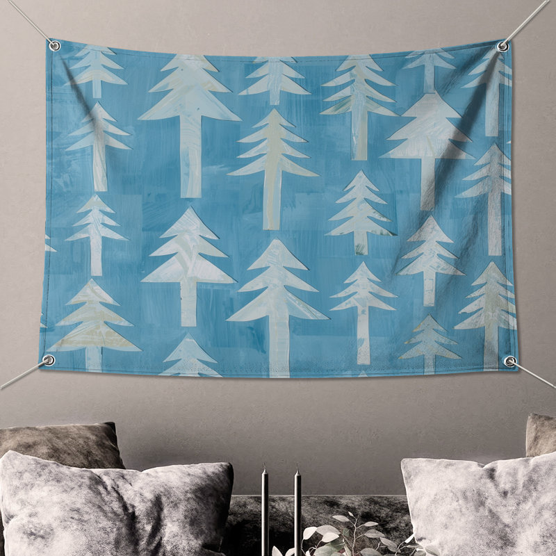 Tapisserie murale «Blue Pine Trees» - Décoration murale arbres, H 104 po x 88 avec 4 œillets