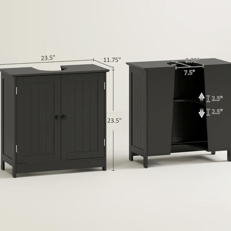 Armoire de salle de bain piédestal de style moderne, rangement fermé, dossier ouvert, solide, double porte, tablette réglable, noir, capacité de 33 lb, l 23,5 po x l 11,75 po