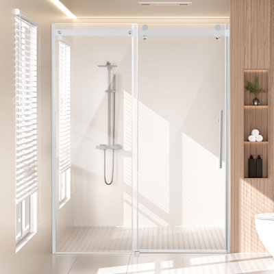 Porte de douche sans cadre, l 58 à 59 po x H 75 po, porte de douche coulissante en verre avec verre trempé transparent de qualité supérieure de 5/16 po (8 mm), imperméable et résistant aux taches Nano avec quincaillerie en acier inoxydable, chrome