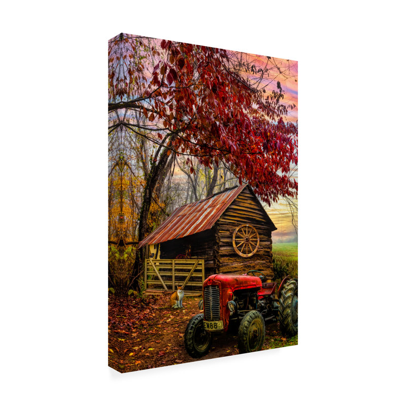 «Red Tractor at Sunrise on The Farm» par Celebrate Life Gallery - impression sur toile tendue, H 19 po x l 12 po x P 2 po